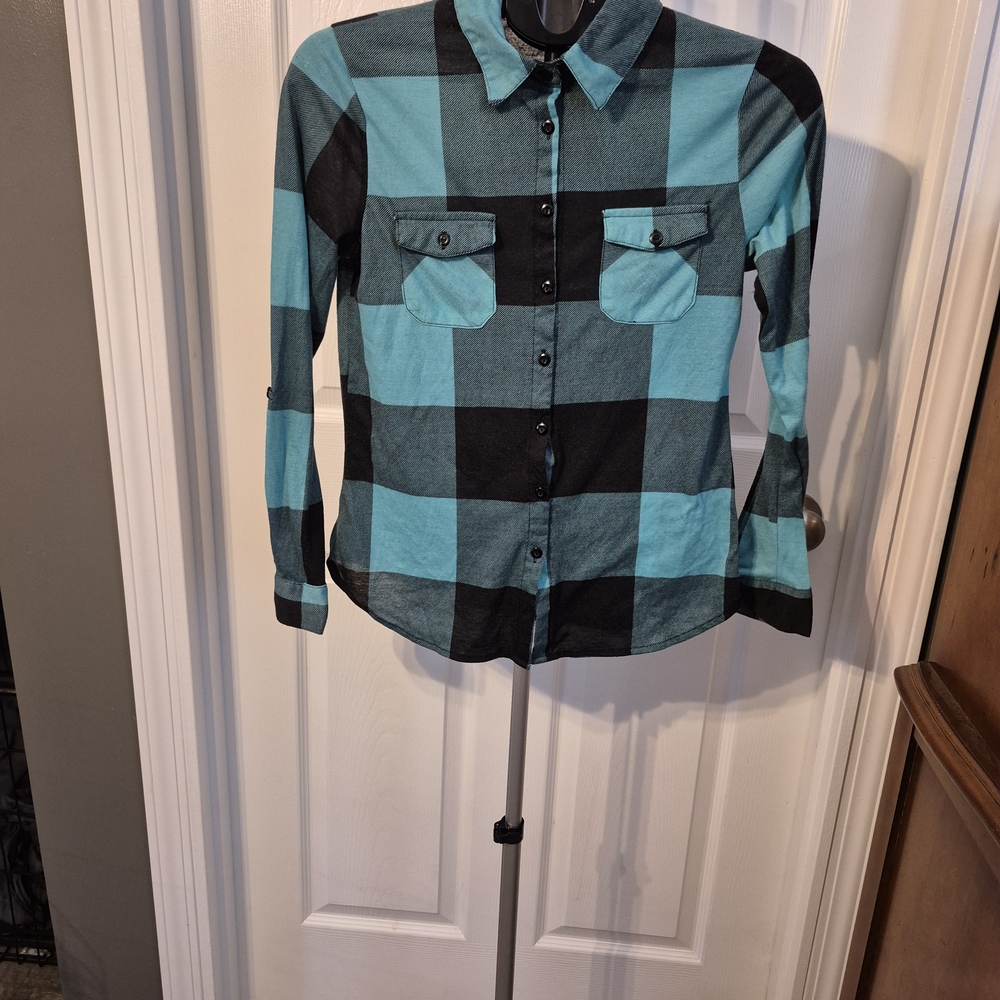 Rue21 Teal and Black Plaid Shirt Women's Medium - Picture 1 of 7
